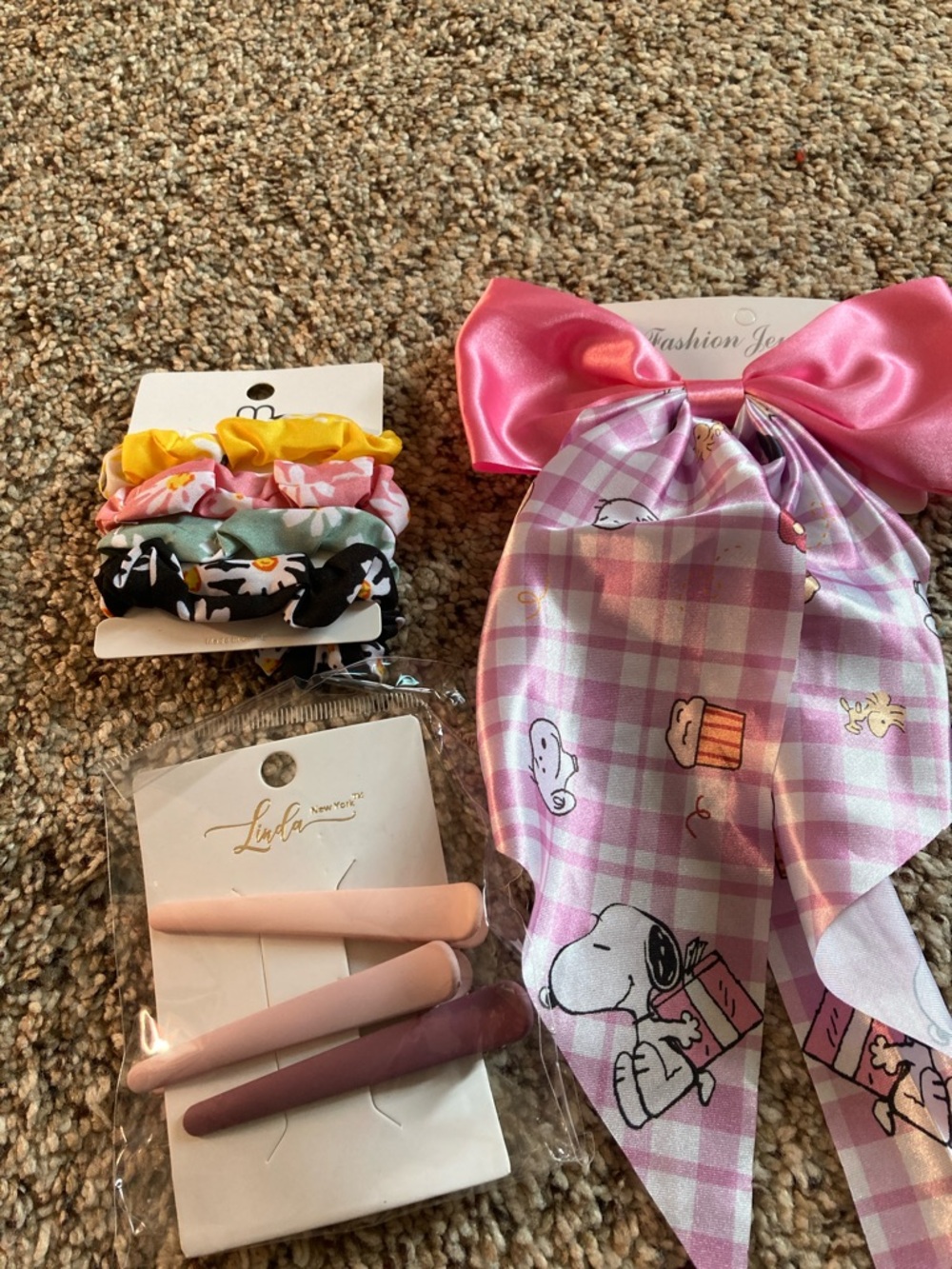 Pink Snoopy Bow Hair Scarf + Floral Scrunchie Set